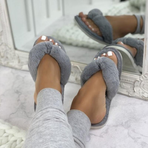 Faux Fur Cross Indoor Floor Slides Flat Soft Furry Shoes Ladies-BS01131-Veeddydropshipping