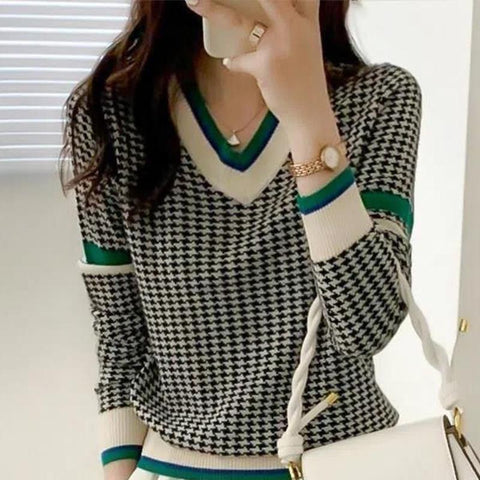 V-neck Houndstooth Casual Fashion Sweater-WF00094-Veeddydropshipping