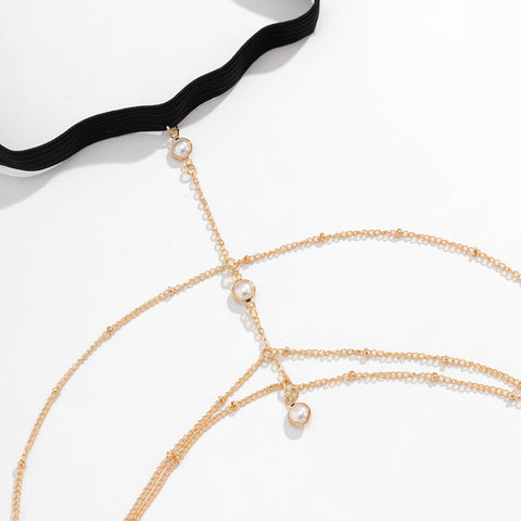 Tassel Pearl Simple Elastic Thigh Chain Beach  Body Jewelry -JW00177-Veeddydropshipping
