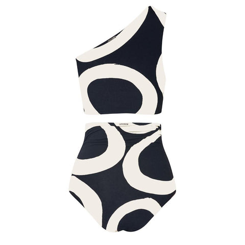 Colorblock Round Print Swimsuit Suit Sexy One Shoulder High Waist Cut Two Piece -OS00016-Veeddydropshipping
