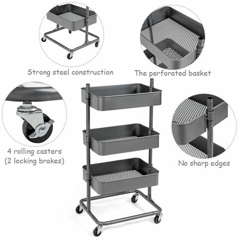 Tier Metal Rolling Utility Cart Storage-HA00899-Veeddydropshipping