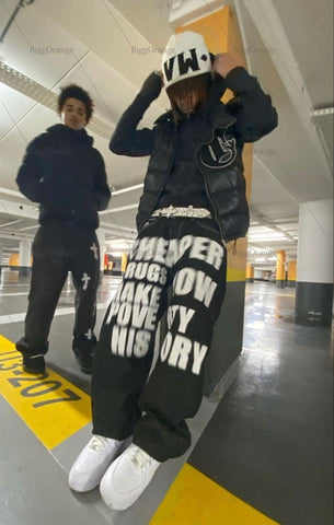 Letter Printed Big Pockets Cargo Jeans Light Black-MF00490-Veeddydropshipping