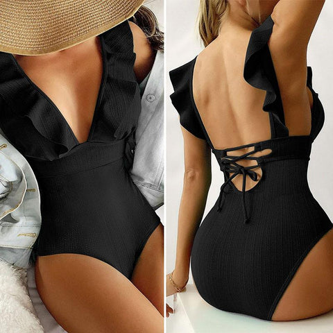 Ruffle Swimsuit Women&#39;S Swimwear Black Color Back String Monokini Ribbed -OS00119-Veeddydropshipping
