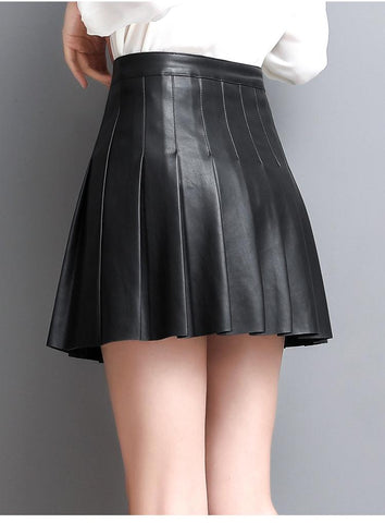 Women Real Leather Korean-Style Slim Fit High Waist Ruffled Skirt-WF00386-Veeddydropshipping