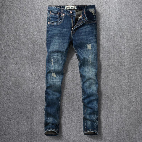 High Quality Retro Dark Blue Elastic Slim Fit Ripped Jeans-MF00681-Veeddydropshipping