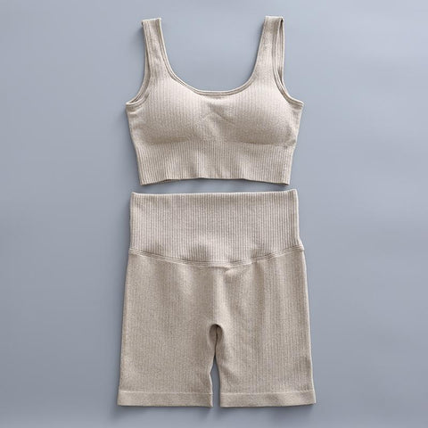 2 Piece Yoga Set Gym Clothing Women&#39;s Threaded Tracksuit Crop Top Bra High -OS00630-Veeddydropshipping