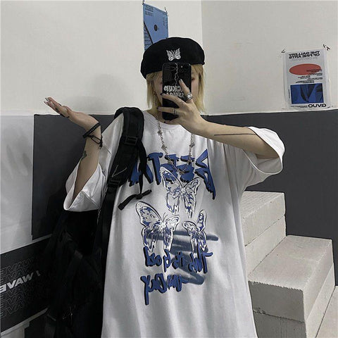 Korean Version Fire Butterfly Print Top Loose Short Sleeved T-shirt-WF00272-Veeddydropshipping