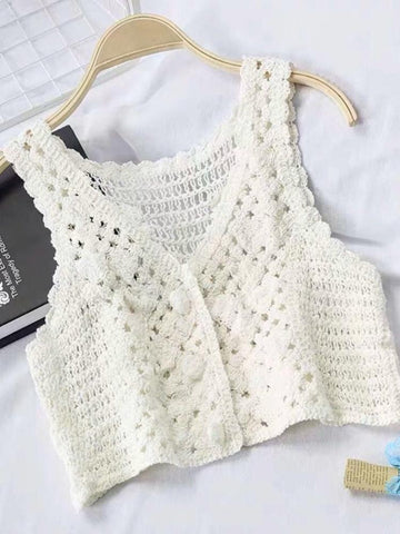 Cotton Embroidered Sleeveless Button Hollow Vest-Veeddydropshipping