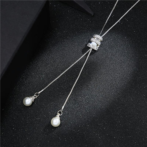 Fashion Metal Crystal Pearl Long Chain Sweater Necklace Jewelry-JW01292-Veeddydropshipping