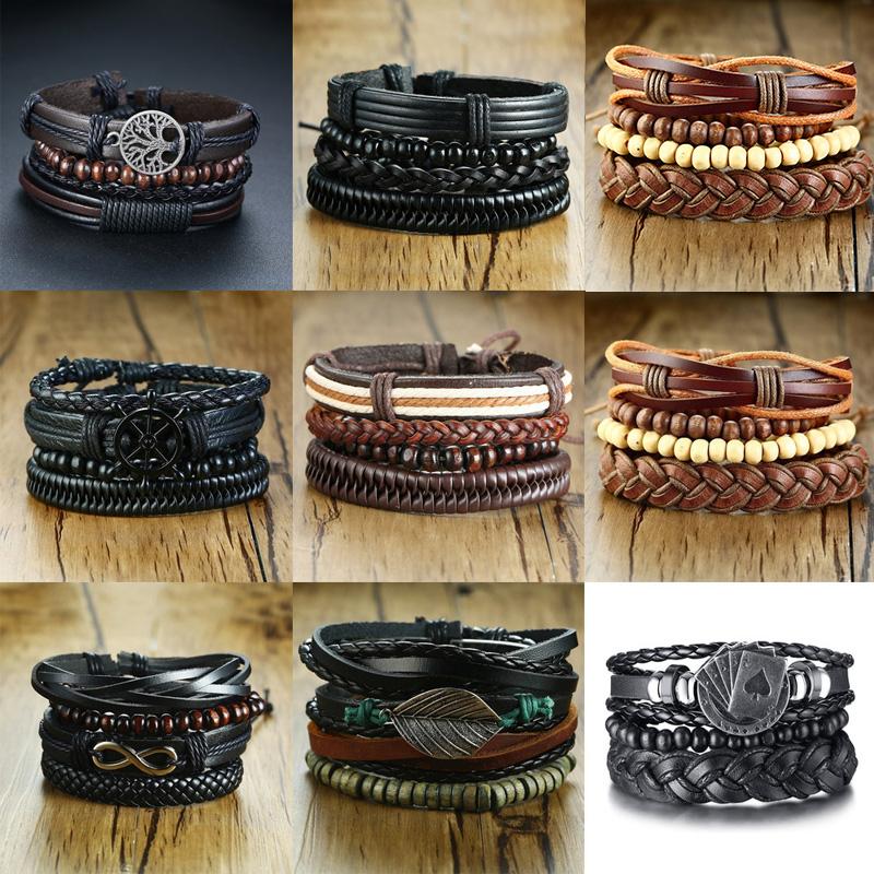 Set Braided Wrap Leather Bracelets Wood Beads Ethnic Tribal Wristbands -JW00254-Veeddydropshipping