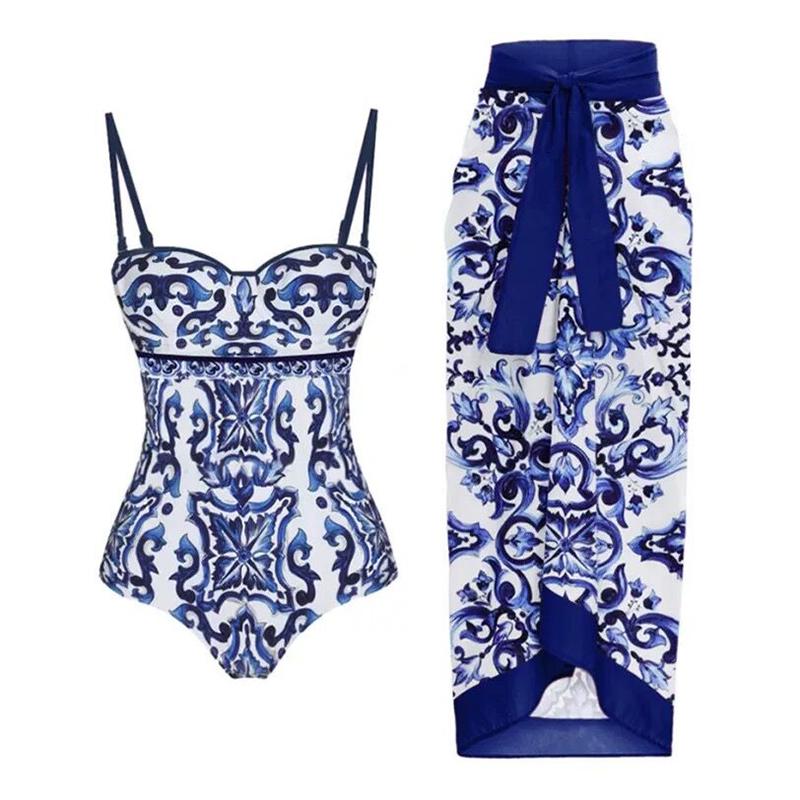 Blue And White Porcelain Tummy Control Underwire Swimsuit Push Up Women Swimwear -OS00139-Veeddydropshipping