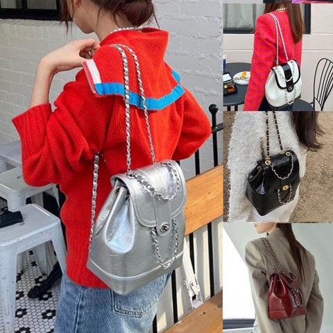 Chains Backpack Female Ins Student Oil Wax Leather Shoulder Bag Travel-BS00030-Veeddydropshipping