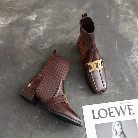 Square Toe Low Heel Ladies Ankle Boots Solid Color Sewing-BS00933-Veeddydropshipping