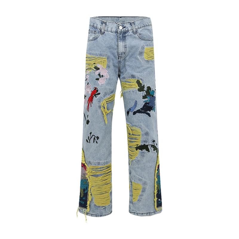 Mens Hole Embroidery Baggy Casual Denim Trousers Unisex-MF00585-Veeddydropshipping