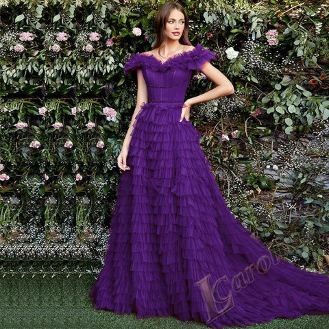Off Shoulder Evening Dress V-neck Tiered Gelitter-WF01588-Veeddydropshipping