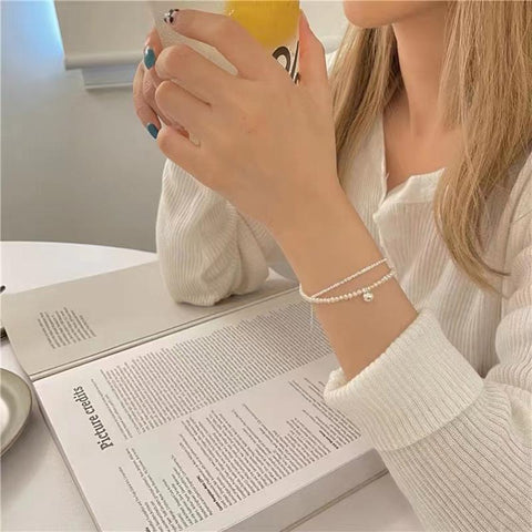 925 Sterling Silver Round Bead Double Layer Bracelet  -JW00155-Veeddydropshipping
