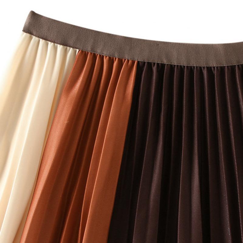 Women Block Pleated Long Skirt Elastic Waist-Veeddydropshipping