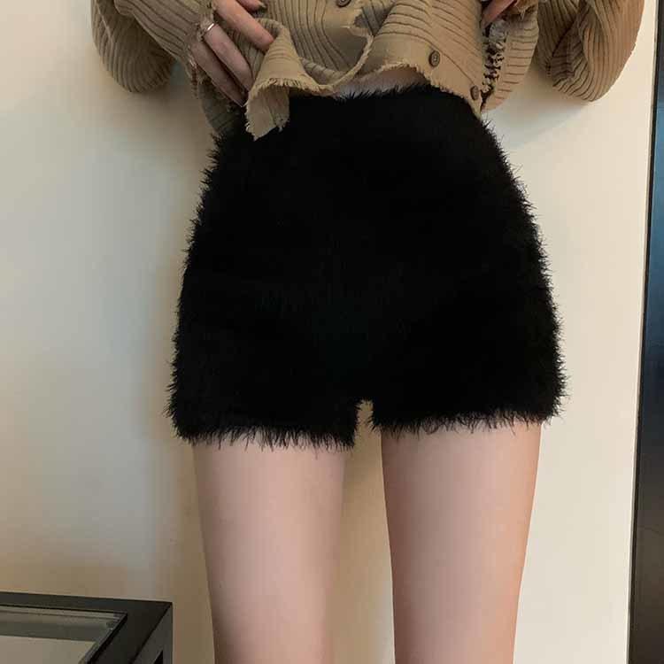Women Thick Mohair Fur High Waist Short Trousers-Veeddydropshipping