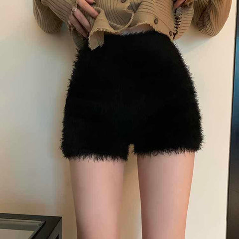 Women Thick Mohair Fur High Waist Short Trousers-Veeddydropshipping