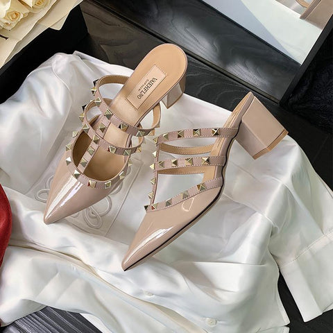 Pointed Thick heel Slippers Rivets Sexy Woman Pointed Toe Dress-BS00810-Veeddydropshipping
