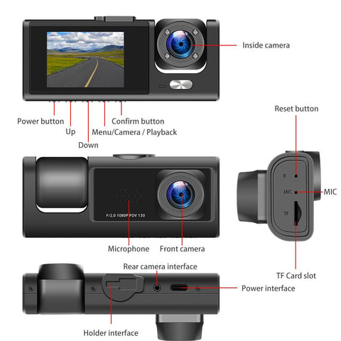 Dash Cam For Car 1080P HD Dash Cam 3 Camera Motion Detection G-sensor-AM00567-Veeddydropshipping