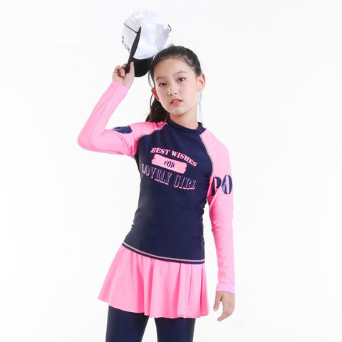 Teenager girl rashguard swimsuit long sleeve padded shirt pants with skirt -OS00073-Veeddydropshipping