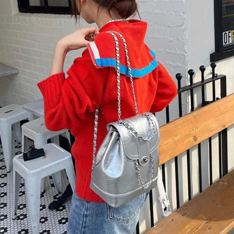 Chains Backpack Female Ins Student Oil Wax Leather Shoulder Bag Travel-BS00030-Veeddydropshipping