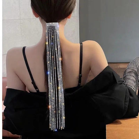 Shine Full Rhinestone Bijoux Long Tassel Crystal Hair Barrettes  -JW00448-Veeddydropshipping