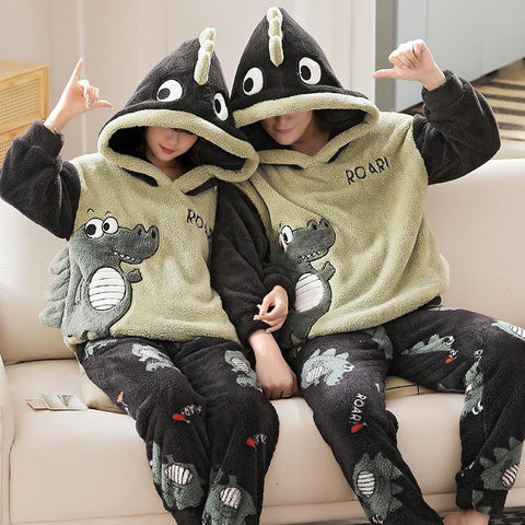 Thicken Warm Pajamas Set For Couple Winter Animal Ears Hoodie Women-MF01583-Veeddydropshipping