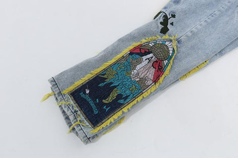 Mens Hole Embroidery Baggy Casual Denim Trousers Unisex-MF00585-Veeddydropshipping