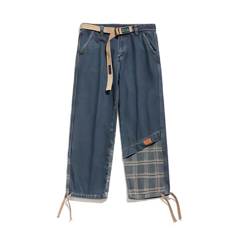 Streetwear Paneled Jeans Man Plaid Baggy Straight-MF00517-Veeddydropshipping