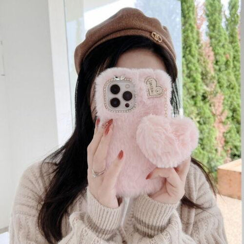 For iPhone 14 13 12 11 Pro Max XS XR 8 Love Heart Plush Silicone Soft Case Cover-PA00157-Veeddydropshipping