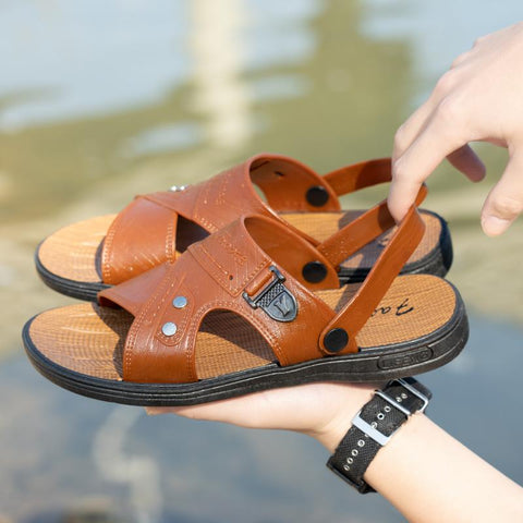 Leather Soled Men&#39;s Sandals Beach Holiday Slippers-BS01555-Veeddydropshipping