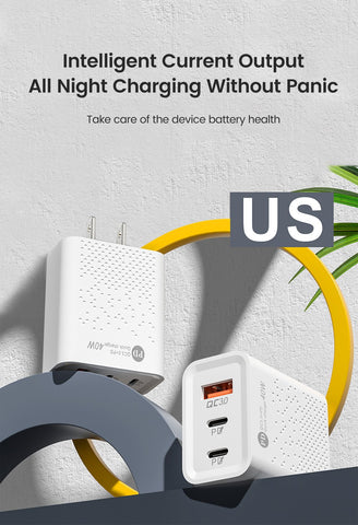 60W PD USB Charger Fast Charge USB Type C Charger 3Ports Mobile Phone Adapter-PA00362-Veeddydropshipping