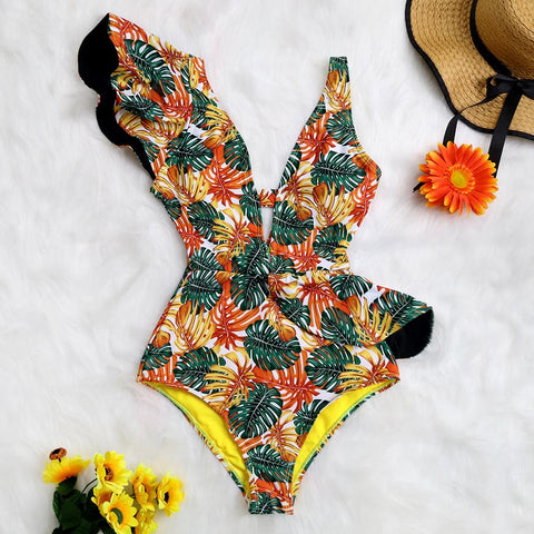 2022 New Sexy Ruffle Print Floral One Piece Swimsuit Off The Shoulder Swimwear-OS00046-Veeddydropshipping