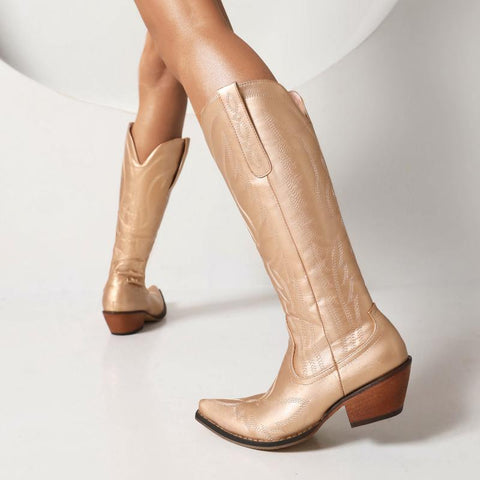 Shiny Embroidery Zipper White Knee High Boots Casual-BS01062-Veeddydropshipping