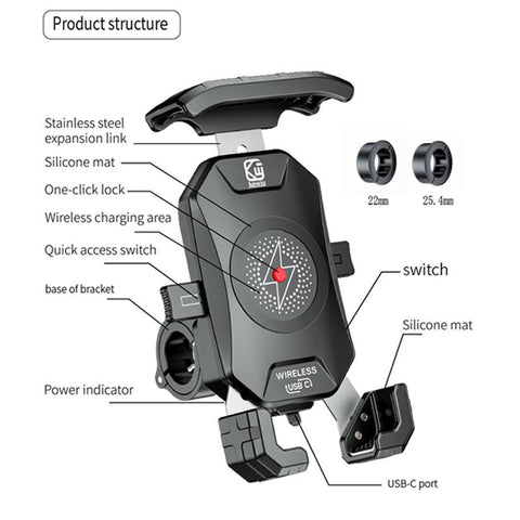 Motorcycle Phone Holder 15W Wireless Charger QC3.0 USB Charging Mount Stand Handlebar Smartphone-PA00605-Veeddydropshipping