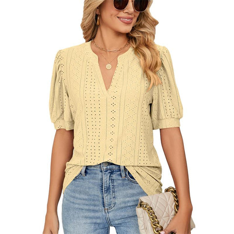 Hollow Out V Neck T-Shirt Women Puffy Sleeve-Veeddydropshipping