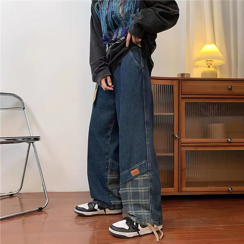 Streetwear Paneled Jeans Man Plaid Baggy Straight-MF00517-Veeddydropshipping