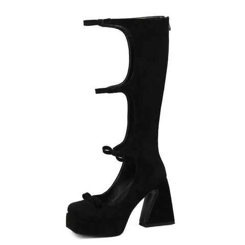 boots black red shoes women knee high boots ladies cut-outs-BS01038-Veeddydropshipping
