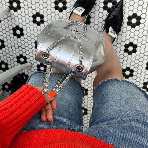 Chains Backpack Female Ins Student Oil Wax Leather Shoulder Bag Travel-BS00030-Veeddydropshipping