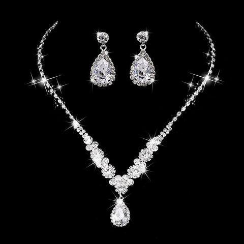 Water Drop Full Crystal Silver Plated  Bridal Wedding Jewelry Set -JW00352-Veeddydropshipping