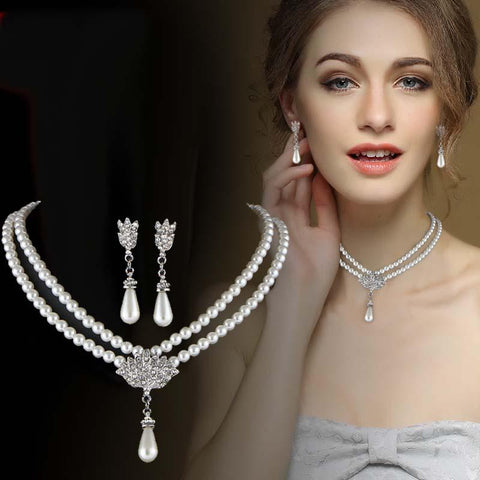 pearl Bridal Jewelry Sets  Pearl Drop  Wedding Jewelry Sets  -JW00280-Veeddydropshipping