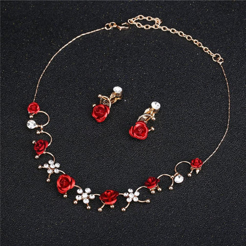 3pcs/set Elegant 1 Pair Necklace Red Flower Neckless Jewelry Set-JW01354-Veeddydropshipping