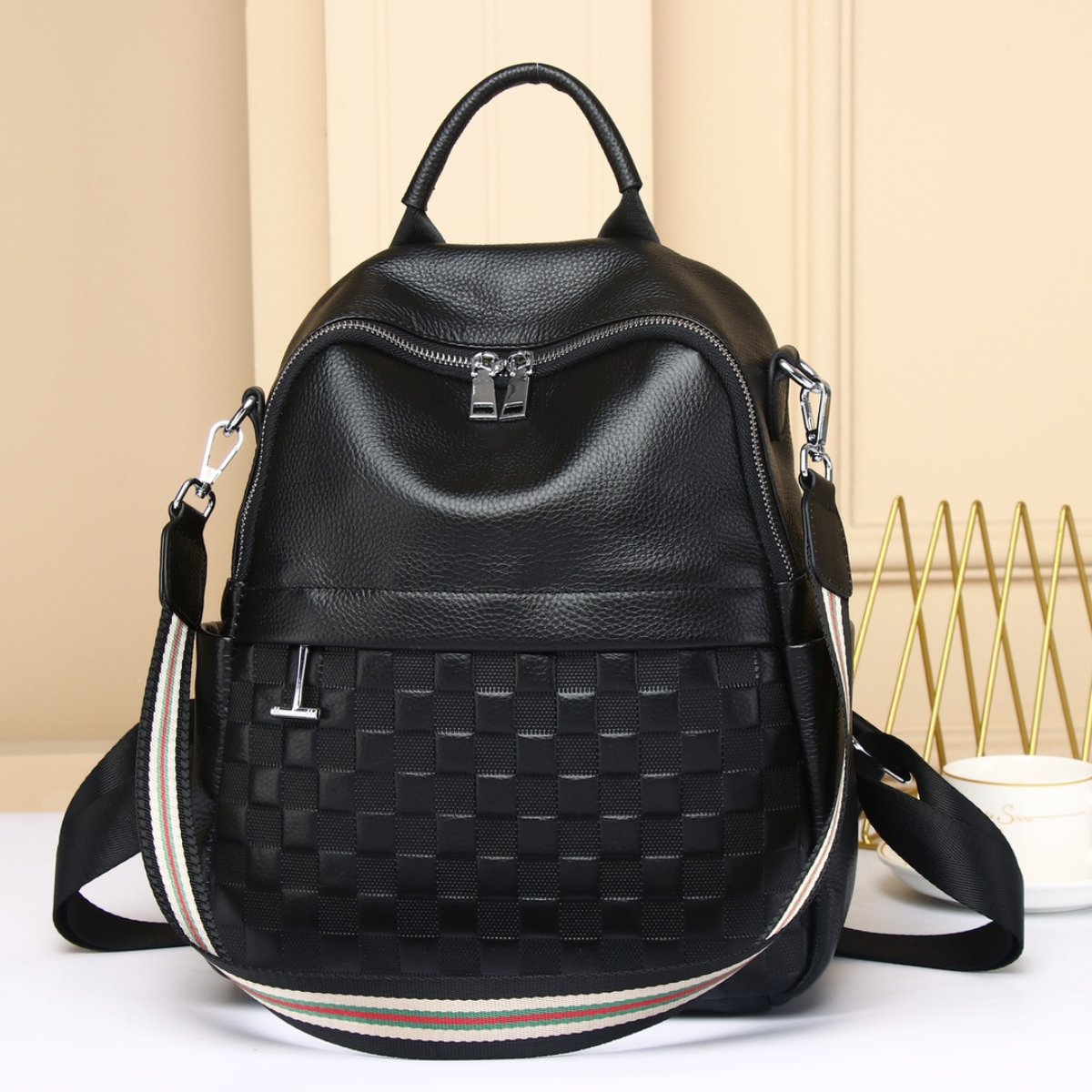 Real Cowhide Ladies Backpack Bag High Quality Woman Black Bags School-BS00012-Veeddydropshipping