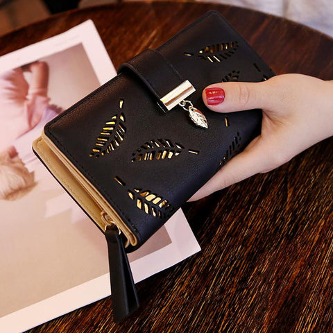 Women Long Wallet Gold Hollow Leaves Pouch Handbag For-BS00203-Veeddydropshipping