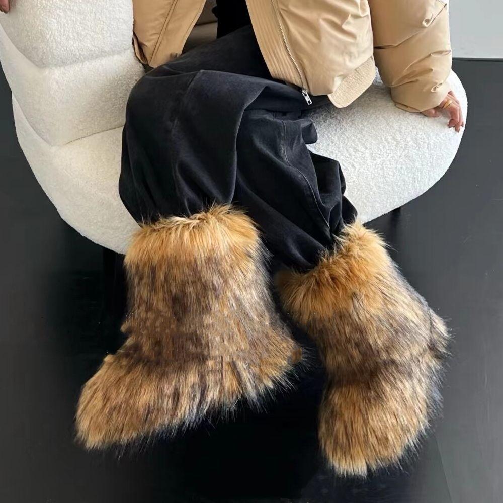 Furry Faux Fox Fur Boots Woman Plush Warm Platform Shoes-BS00982-Veeddydropshipping