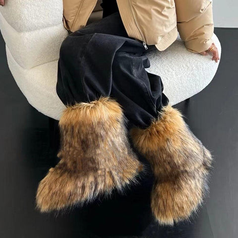 Furry Faux Fox Fur Boots Woman Plush Warm Platform Shoes-BS00982-Veeddydropshipping