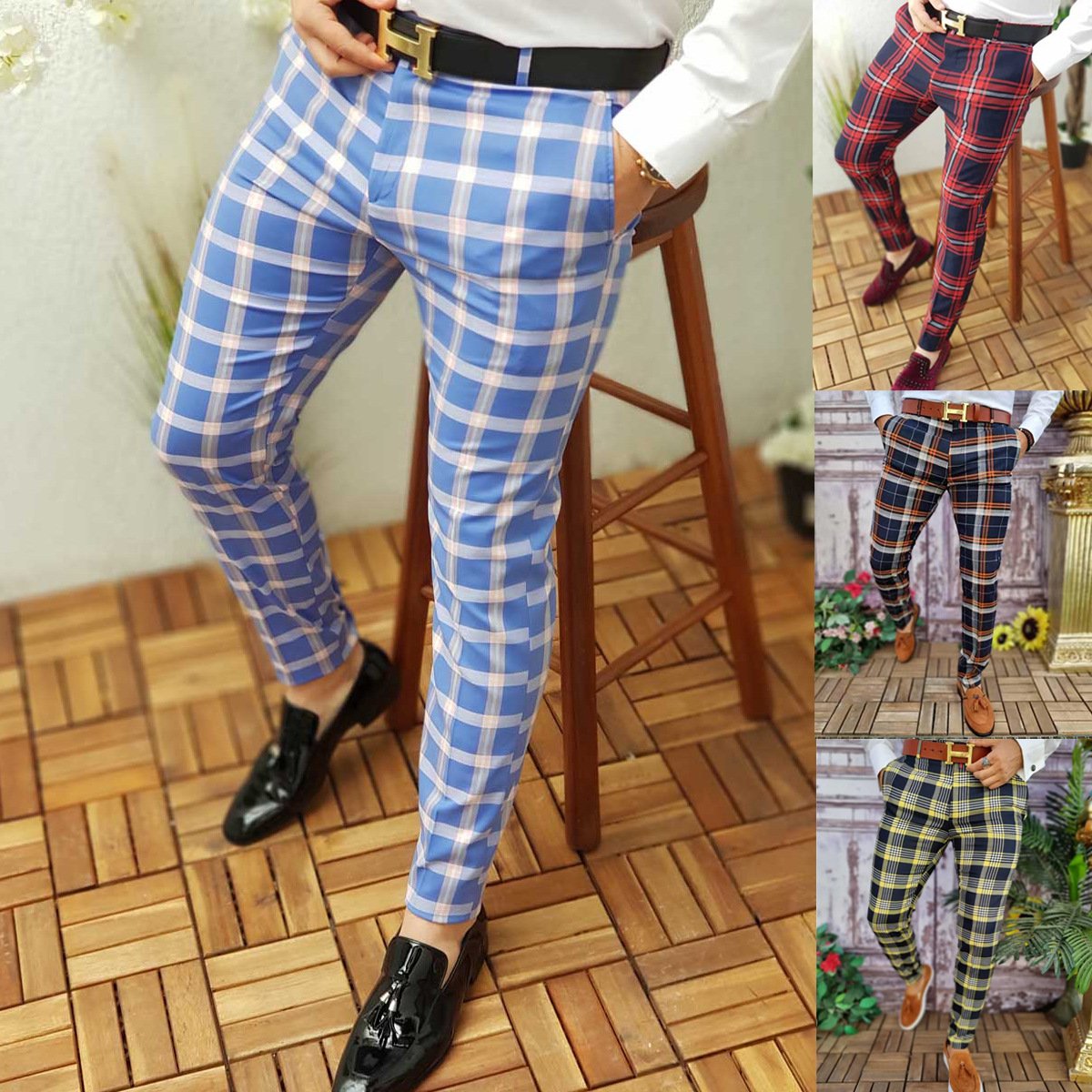 Jogging Pencil Plaid Pants Men Business Casual-MF00424-Veeddydropshipping