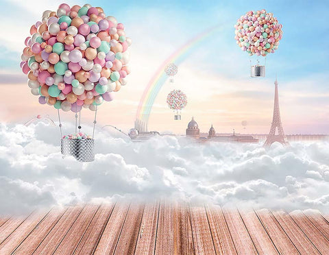 Birthday Backdrop Blue Sky White Clouds Hot Air Balloons Stars Kids-CE00419-Veeddydropshipping